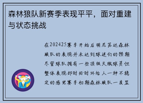 森林狼队新赛季表现平平，面对重建与状态挑战