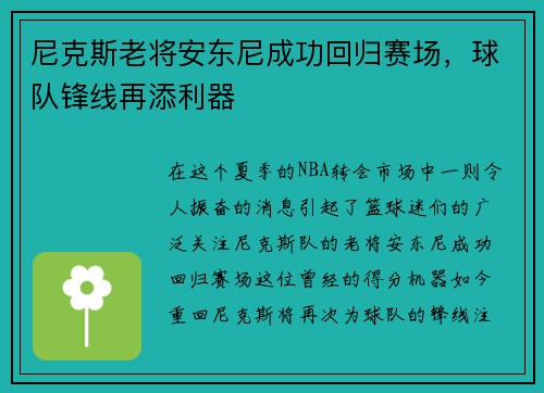 尼克斯老将安东尼成功回归赛场，球队锋线再添利器